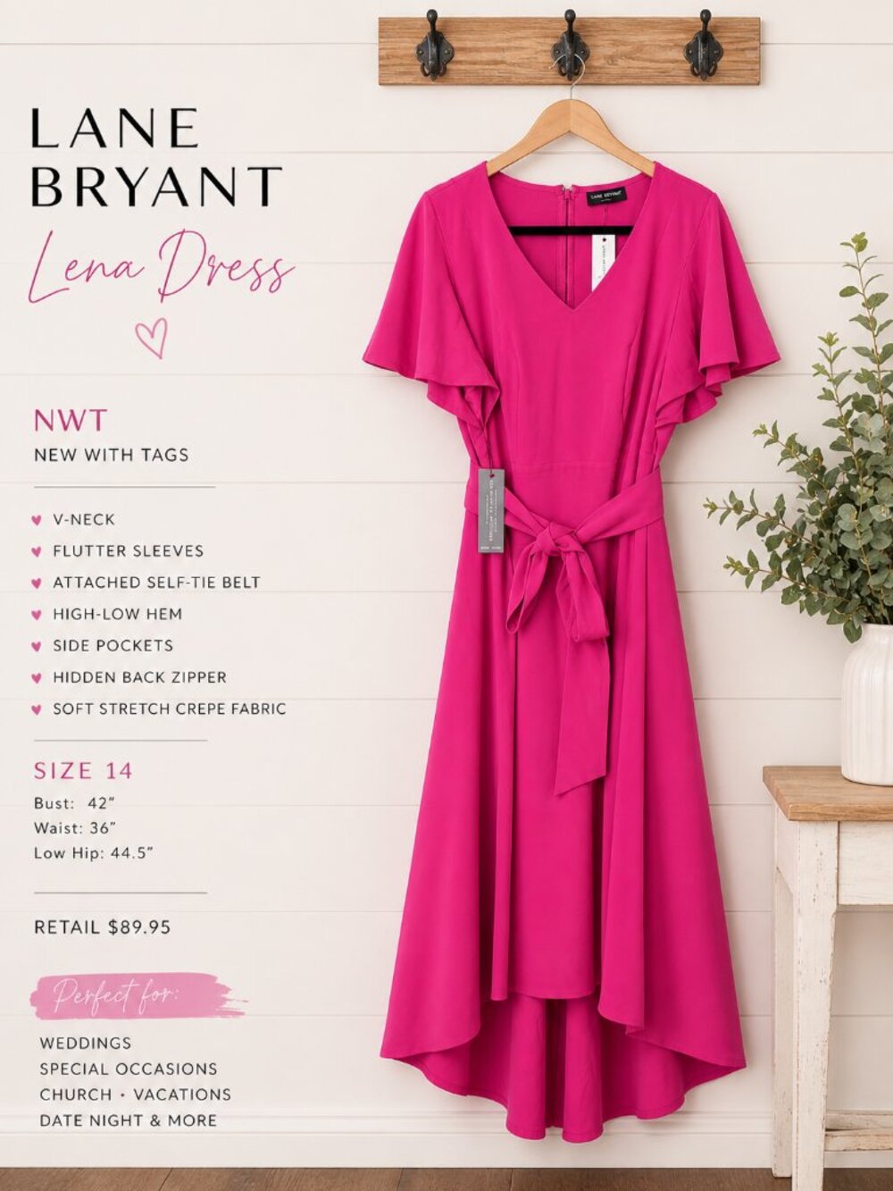 Lane Bryant Lena Pink High Low Midi Dress NWT Size 14 Flutter Sleeve Belt Pocket